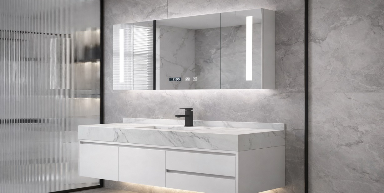 Water resistant all in one bathroom sink floating vanity with mirror cabinet